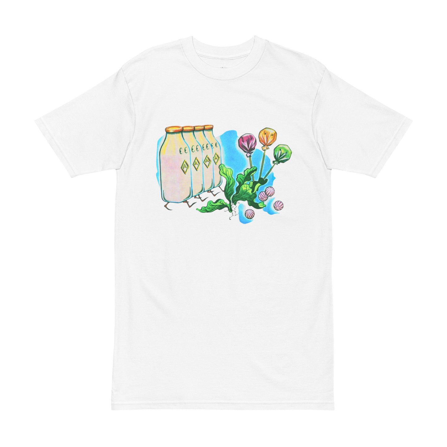 Men's Heavyweight Tee - Colorful Milk Bottles & Flower Design, Perfect for Casual Style