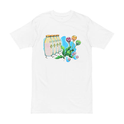 Men's Heavyweight Tee - Colorful Milk Bottles & Flower Design, Perfect for Casual Style