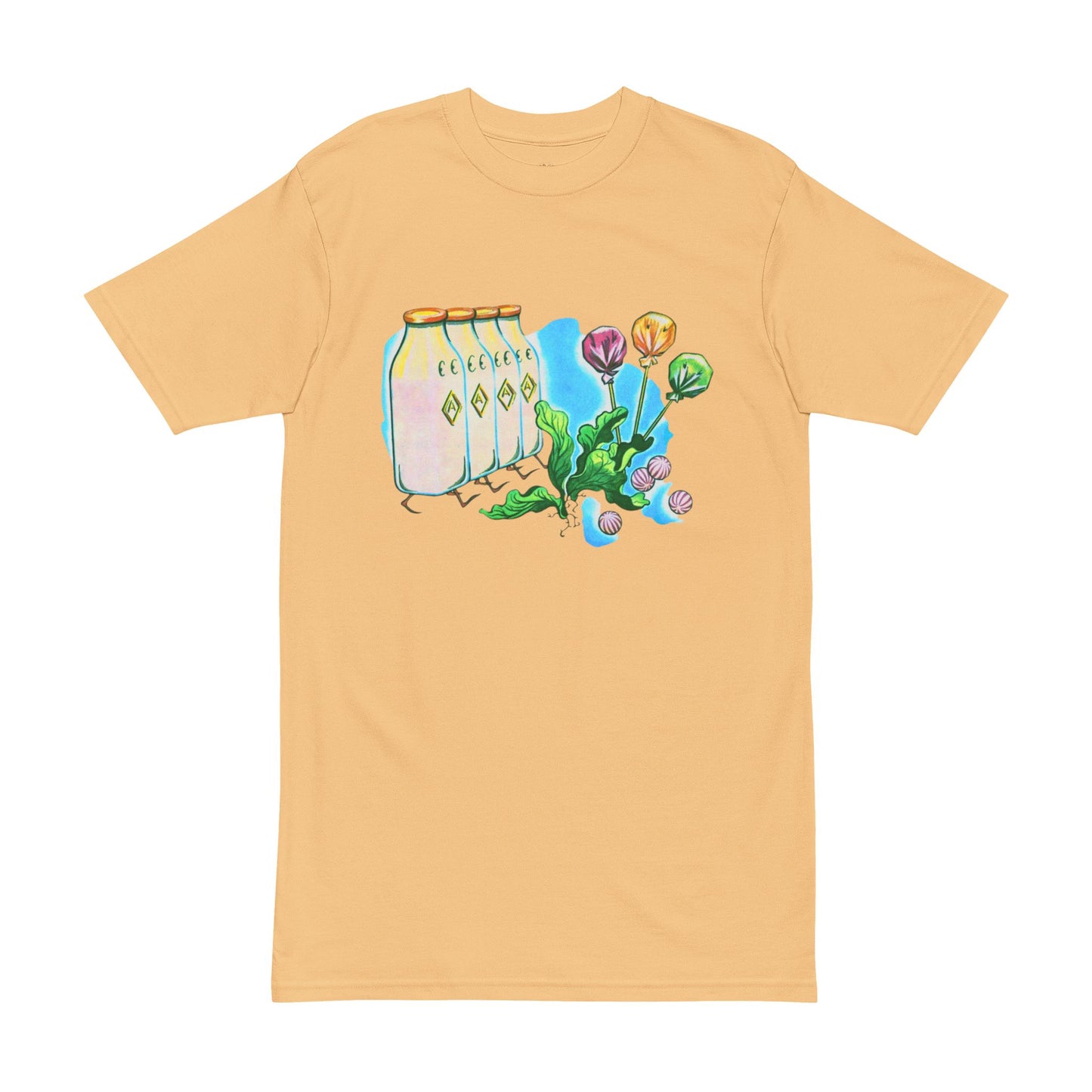 Men's Heavyweight Tee - Colorful Milk Bottles & Flower Design, Perfect for Casual Style
